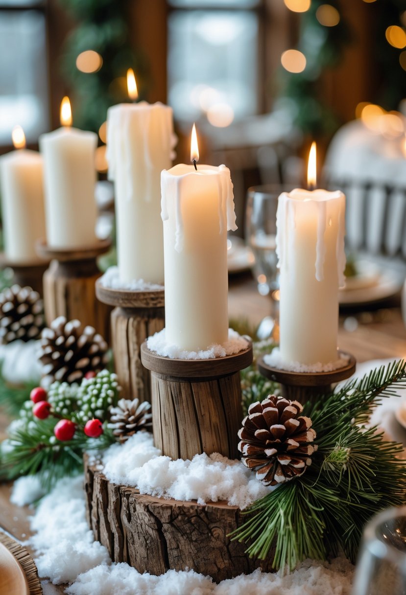 A wedding table decorated with white candles, faux snow, pinecones, evergreen sprigs, and red berries creating a cozy seasonal arrangement.