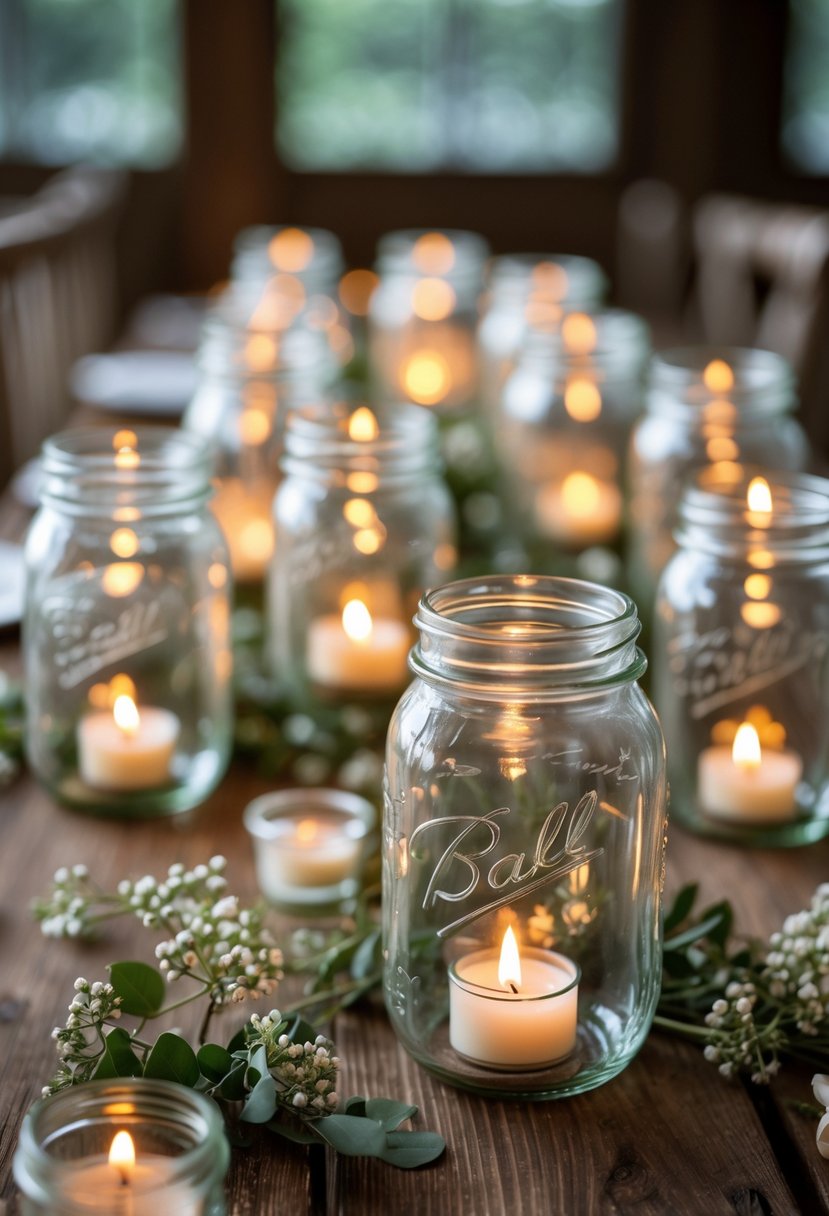 A table decorated with mason jar lanterns holding tea light candles surrounded by greenery and small white flowers.