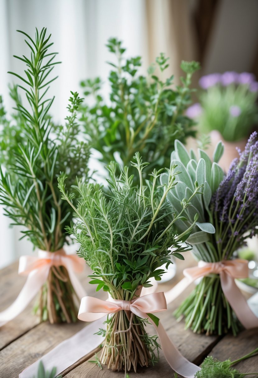 Seasonal herb bouquets tied with ribbons arranged on a wooden table as wedding decorations.
