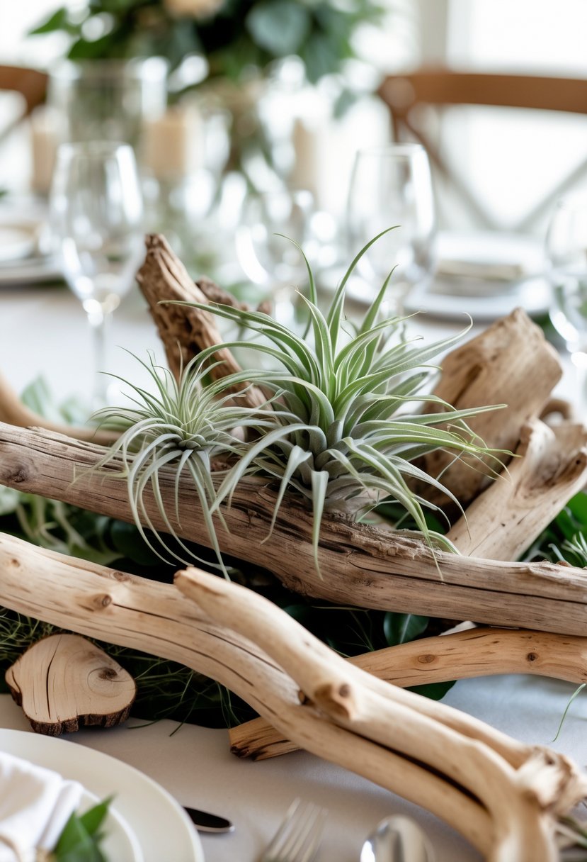 Wedding table decorated with driftwood pieces holding green air plants as centerpieces.