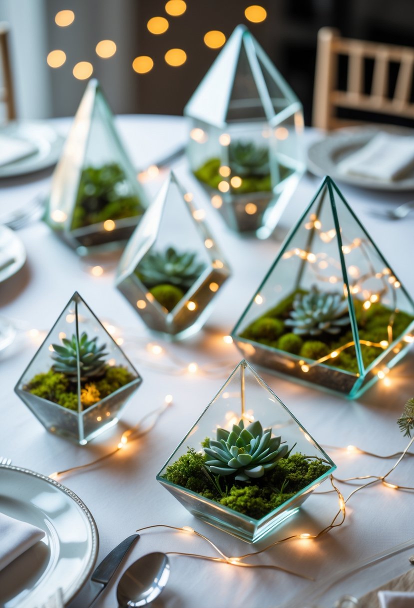 Several glass geometric terrariums with green plants and fairy lights arranged on a white table as wedding decorations.