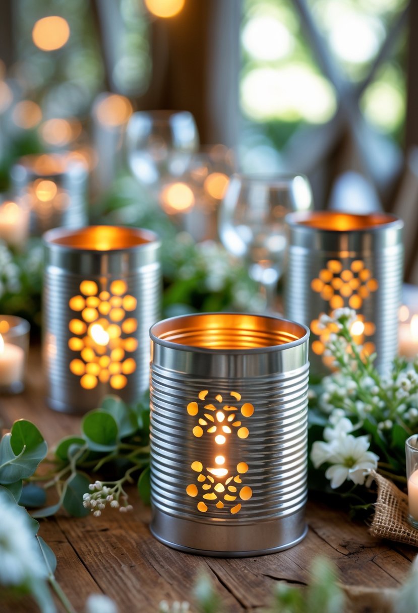 A wedding table decorated with recycled tin can lanterns glowing with candlelight, surrounded by greenery and white flowers.