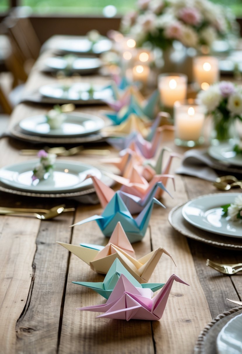 A wedding table decorated with a garland of colorful origami cranes draped across it, surrounded by flowers and candles.