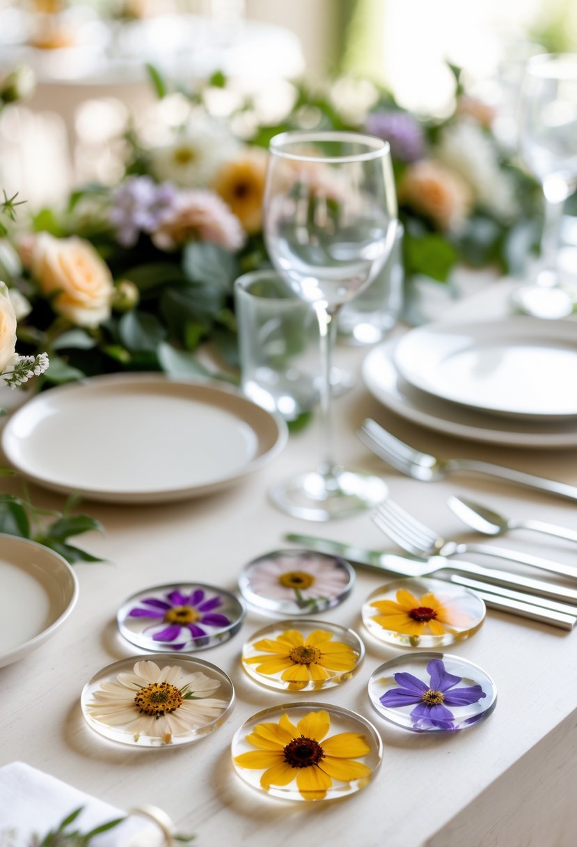 A set of pressed flower coasters on a wedding table with plates, glasses, and cutlery.