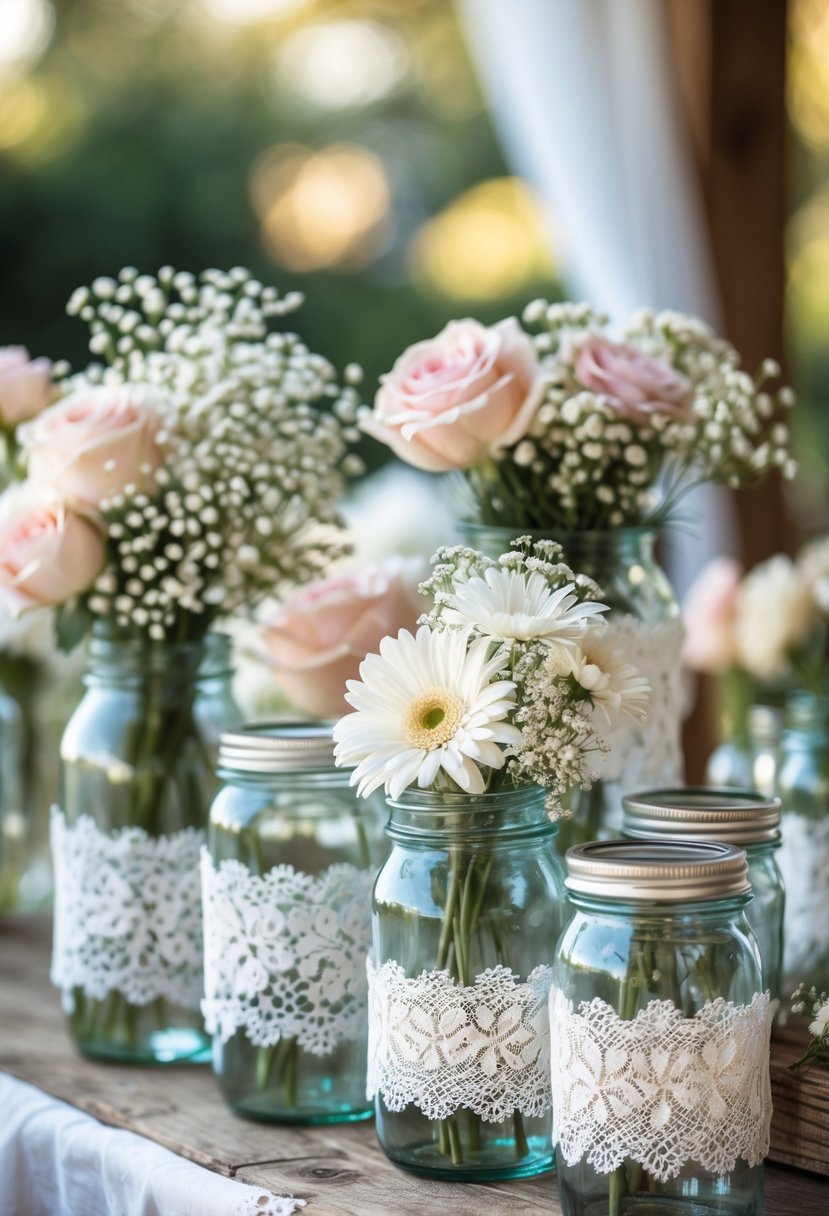 Glass jars wrapped in white lace filled with pastel flowers arranged on a wooden table at a wedding.