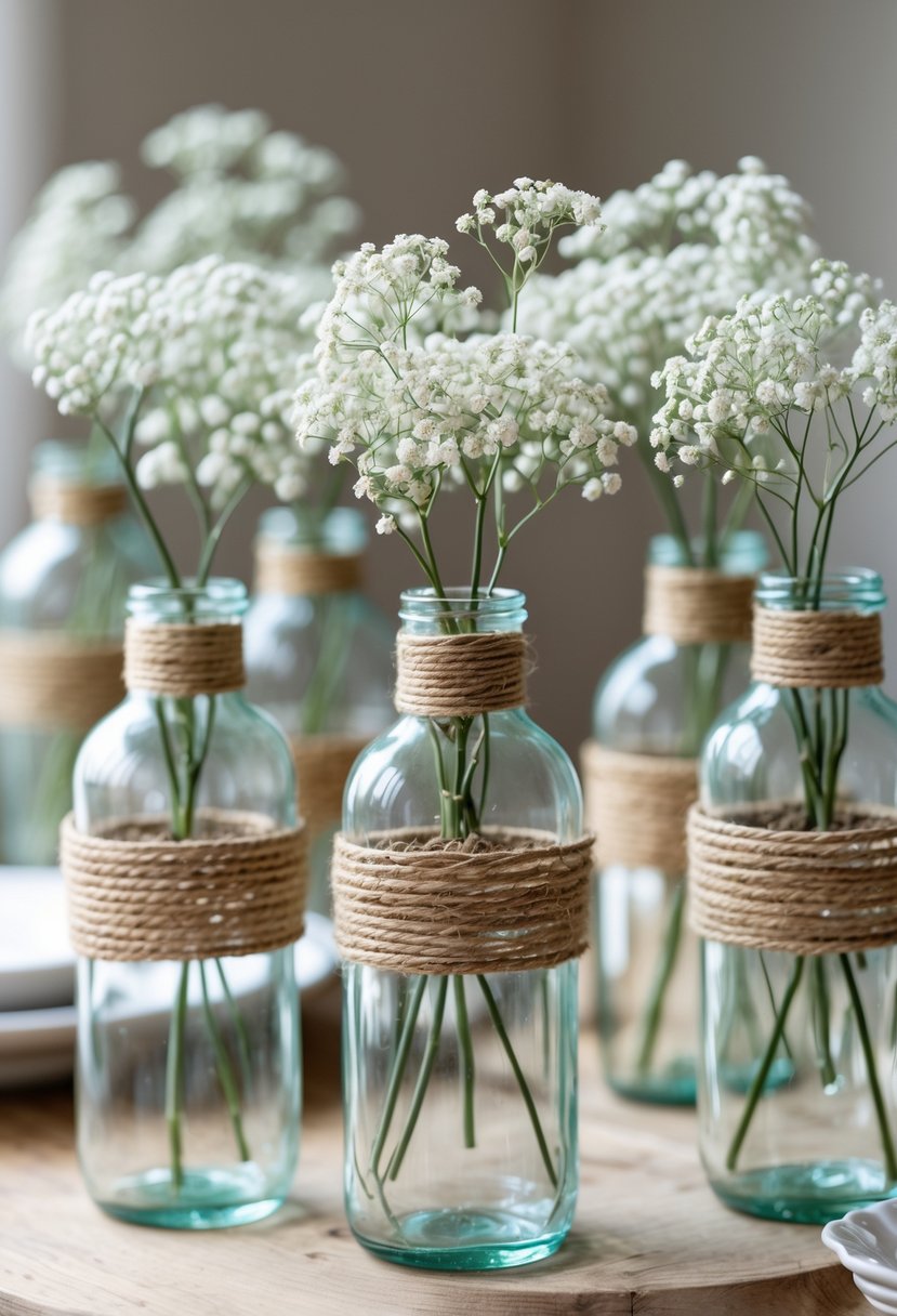 Glass bottles wrapped in twine holding white baby's breath flowers arranged on a wooden table.