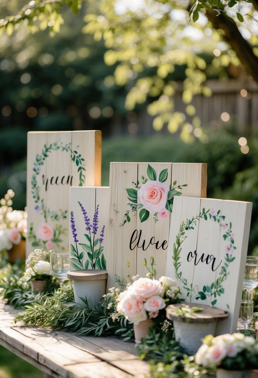 A rustic wooden table outdoors with hand-painted wooden signs decorated with floral designs, surrounded by fresh flowers and greenery.
