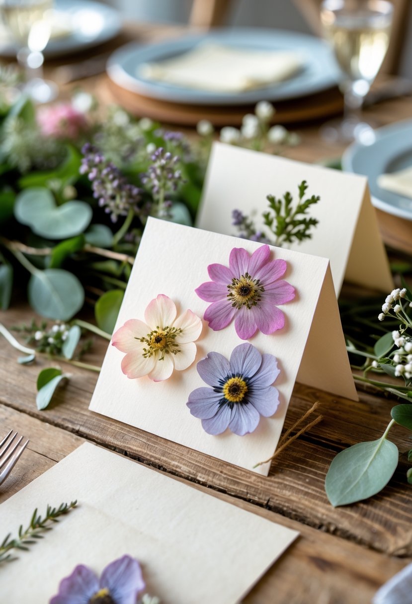 Wedding table with handmade pressed flower place cards on a wooden surface surrounded by greenery and floral decorations.