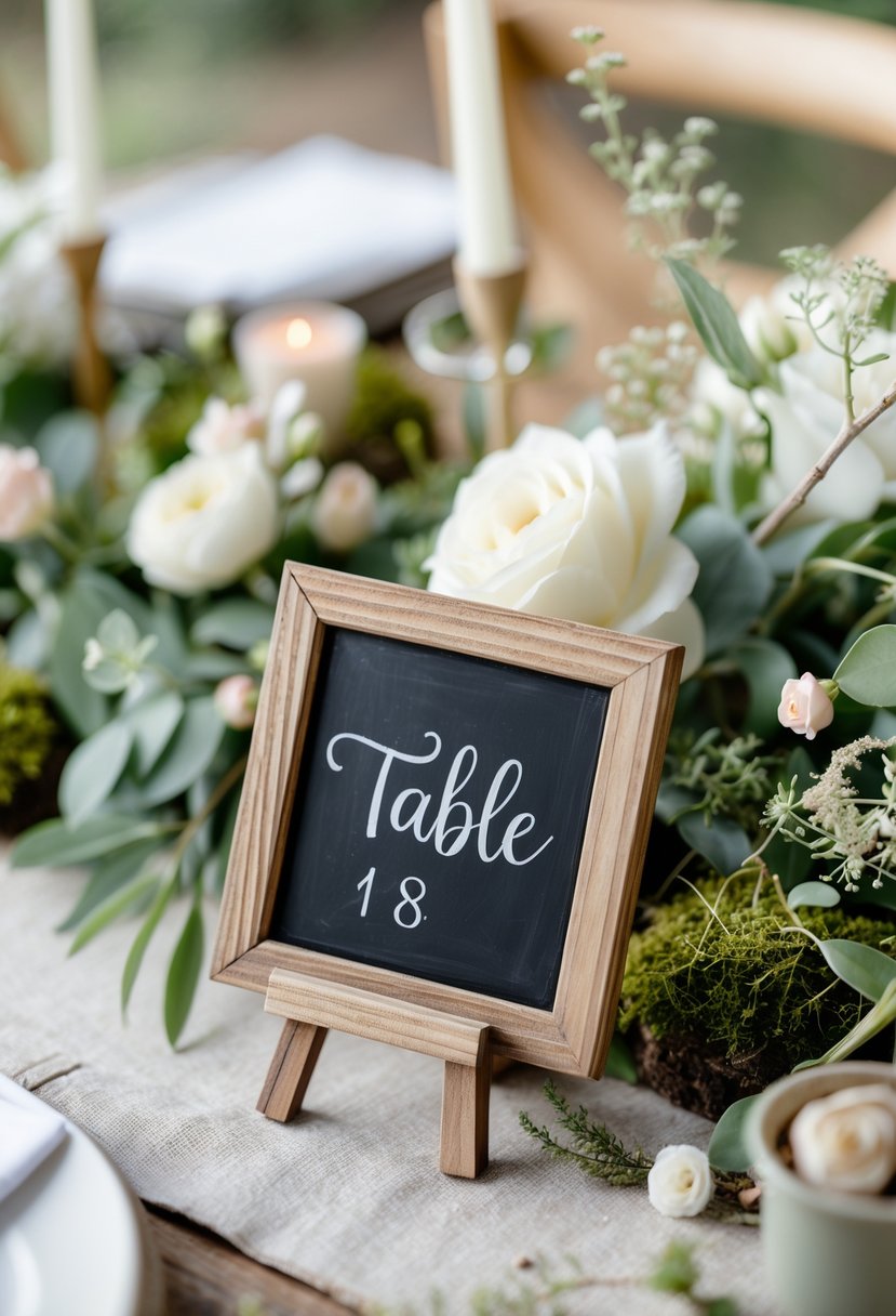 Wedding table decorated with mini chalkboard signs surrounded by greenery and flowers.
