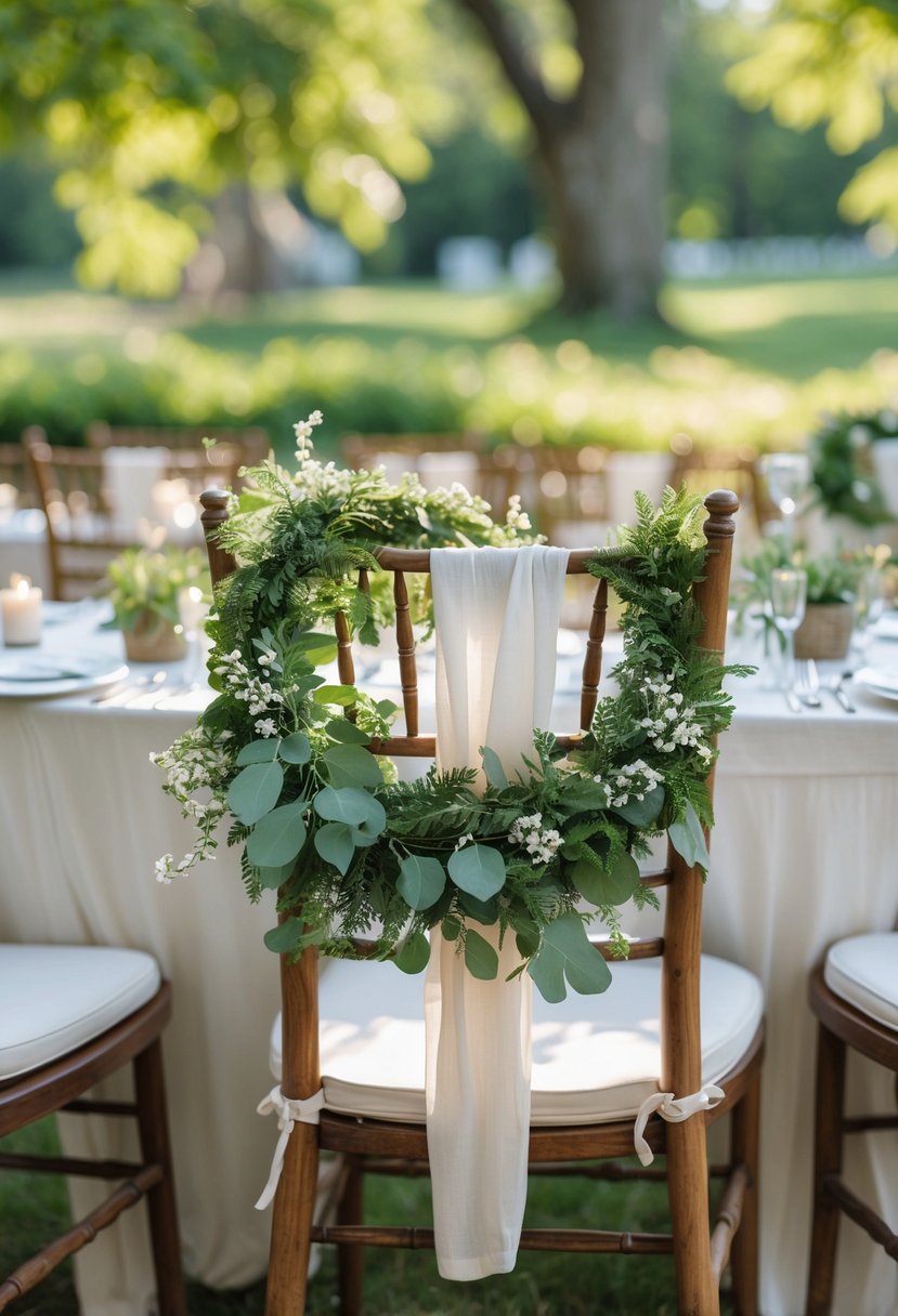 Wooden chairs decorated with green leafy wreaths on their backs around tables set outdoors in a garden with plants and candles.