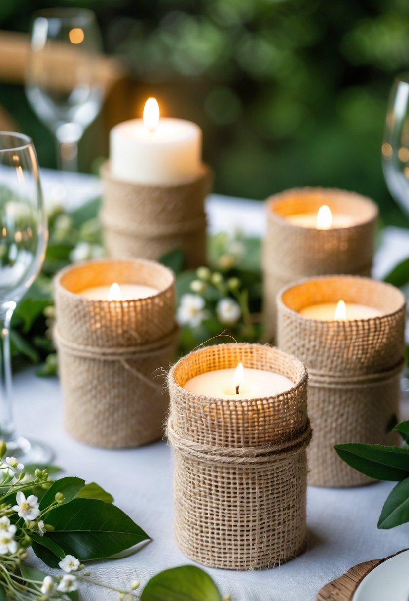 A table with burlap-wrapped candle holders surrounded by green leaves and small white flowers in an outdoor garden setting.