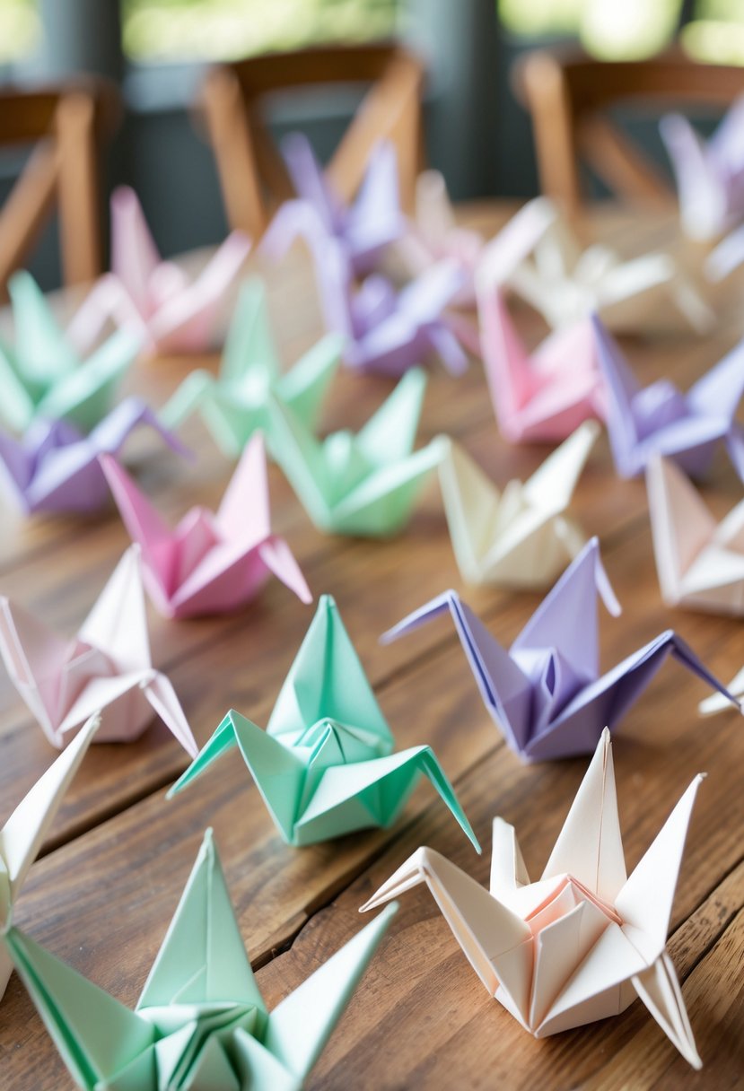 Origami cranes in pastel colors scattered on wooden tables as wedding decorations.