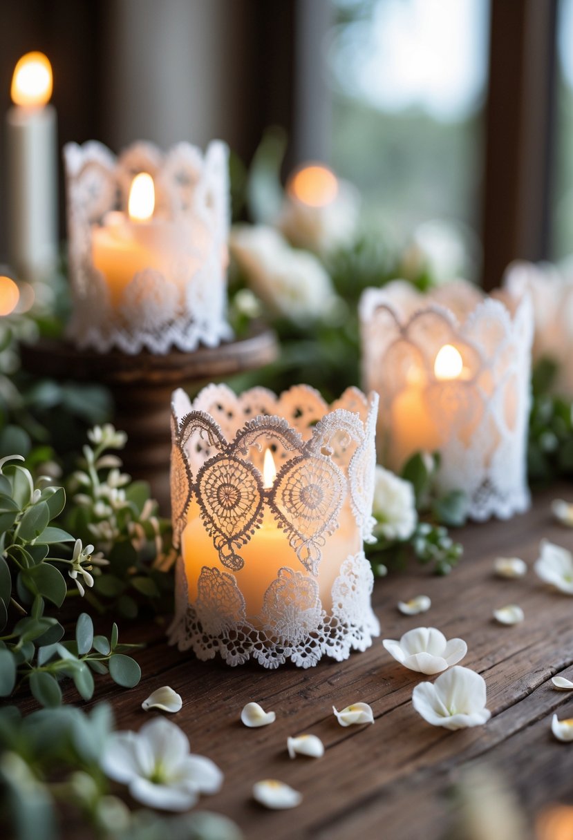 Close-up of lace-covered candle holders with lit candles on a wooden table, surrounded by greenery and white flower petals.