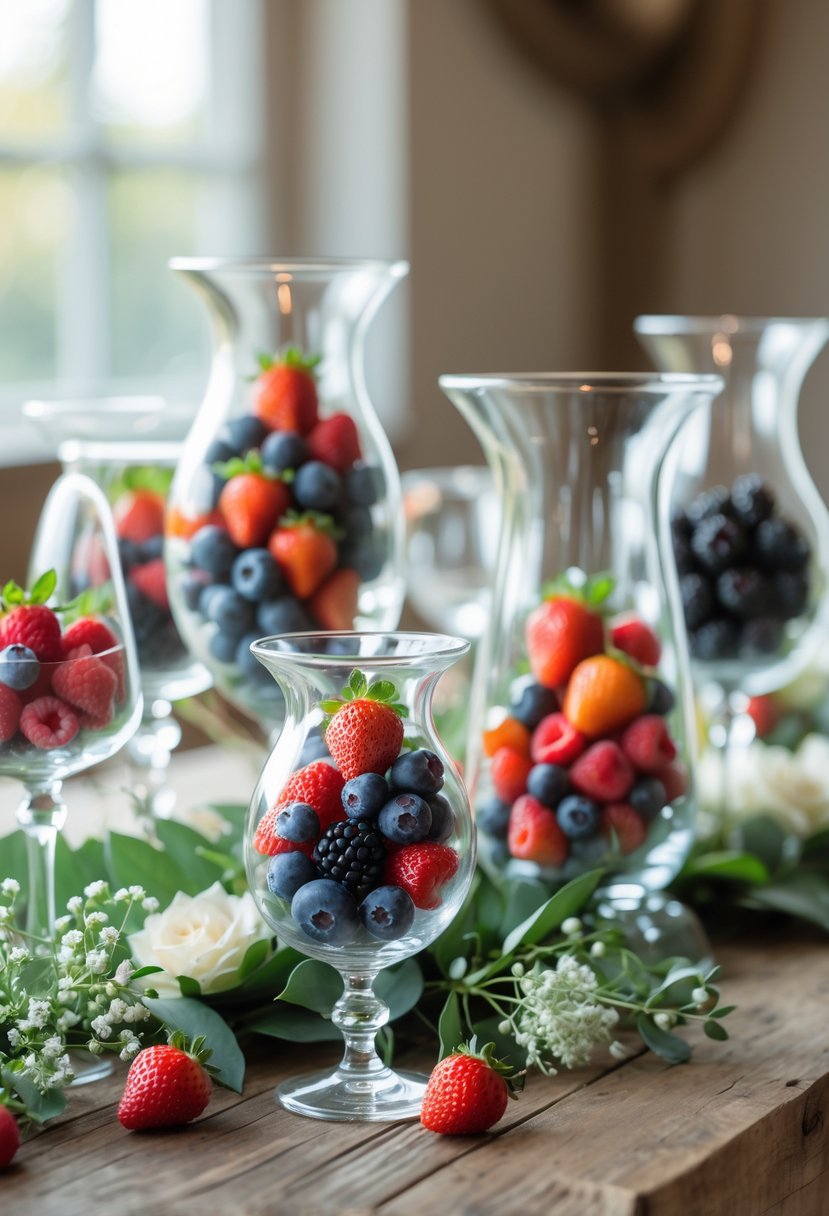 Glass vases filled with seasonal berries arranged on a wooden table as wedding decorations.