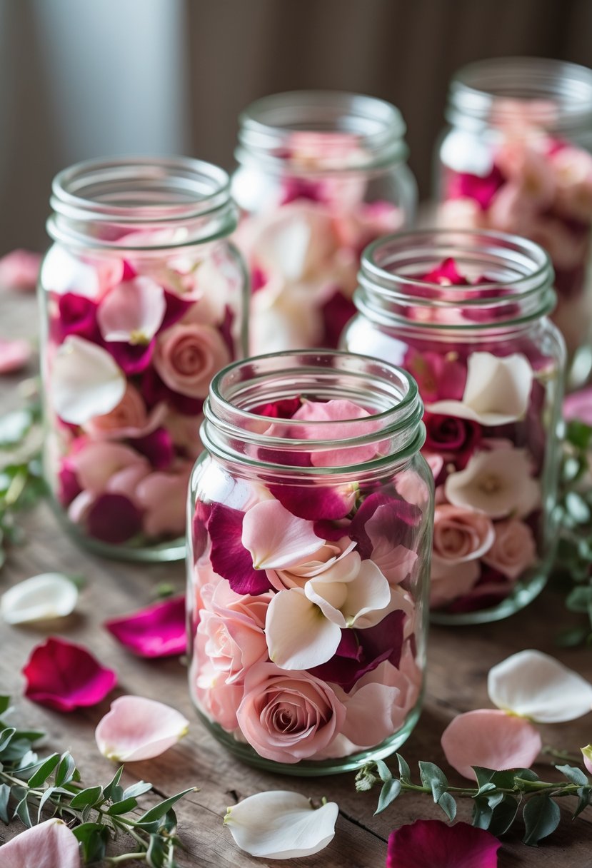 Glass jars filled with colorful rose petal confetti arranged on a wooden table with scattered petals around them.
