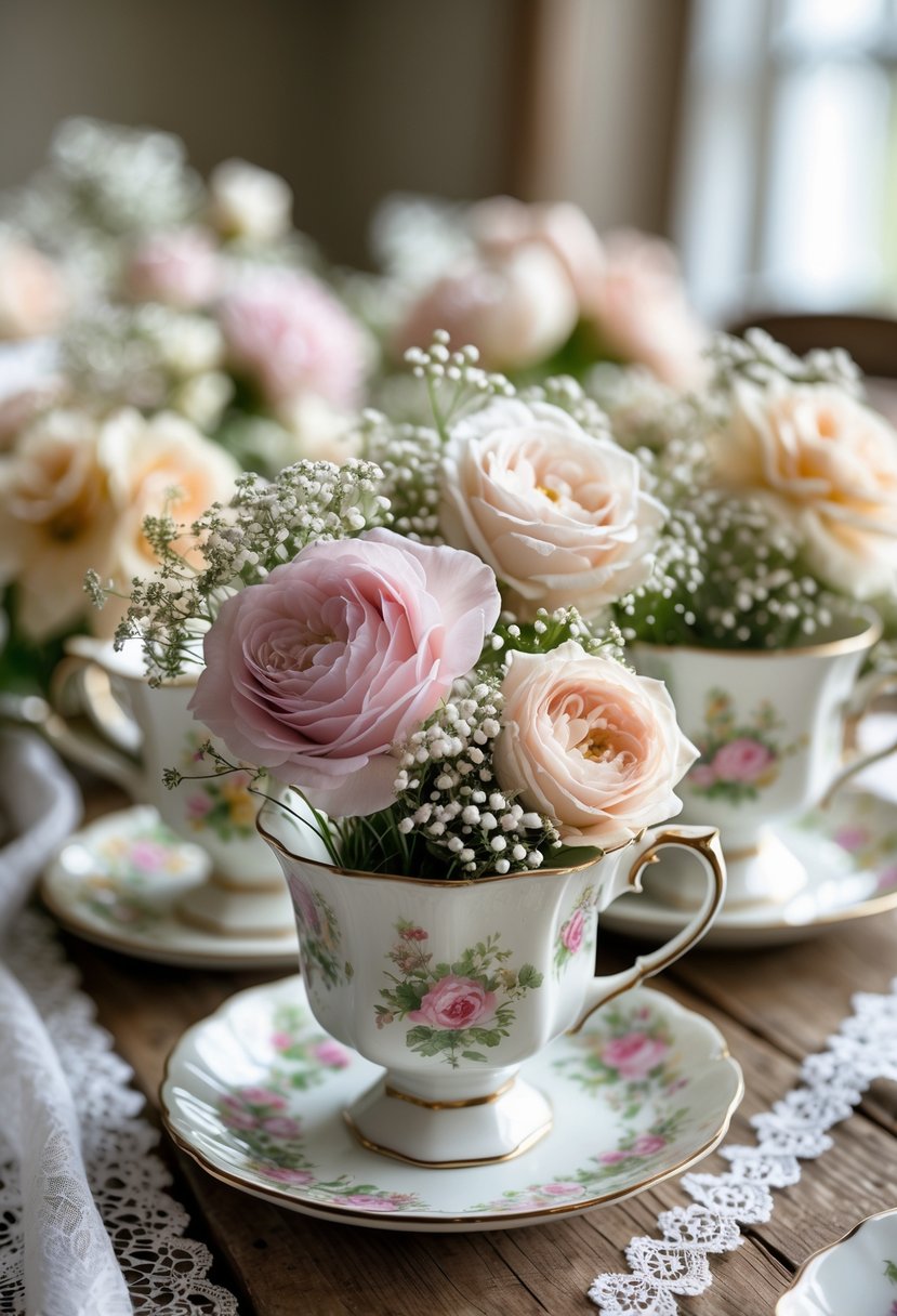 A wedding table decorated with vintage teacups filled with fresh flowers arranged as centerpieces.