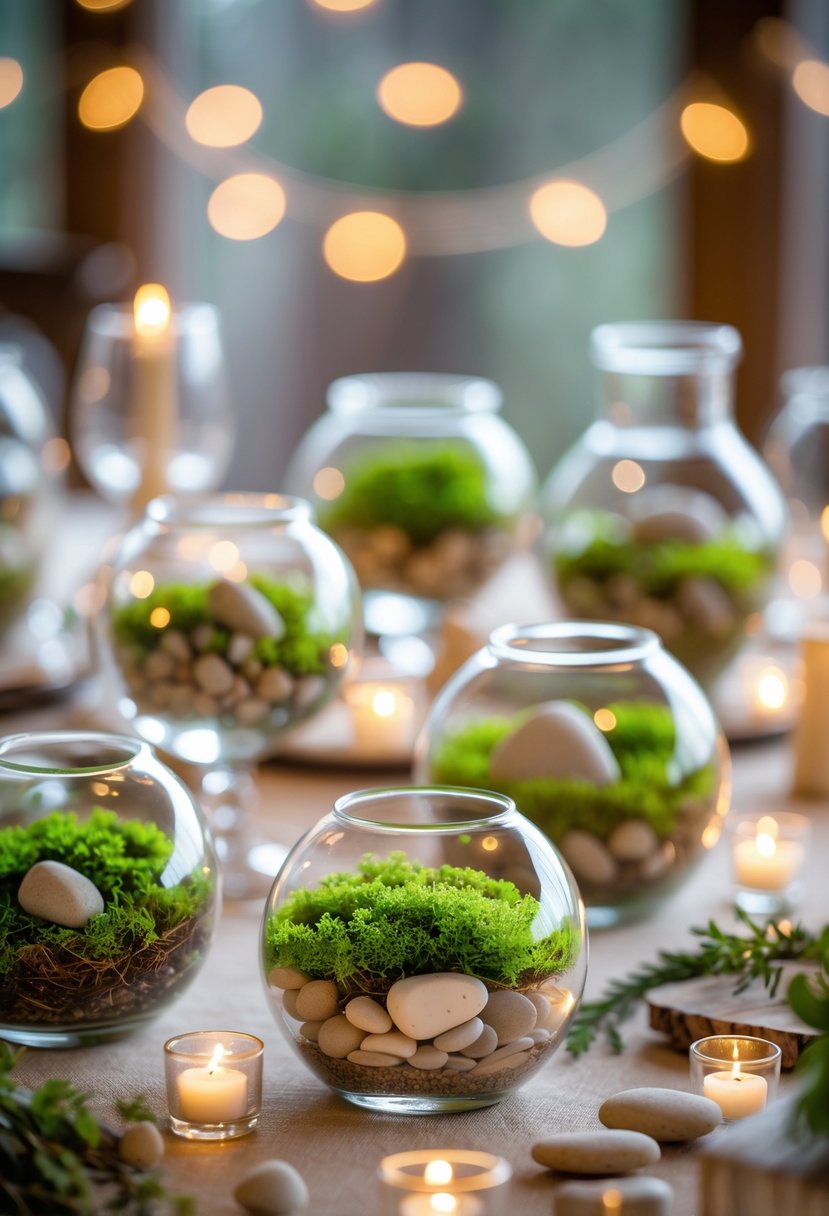 Several small glass terrariums filled with green moss and stones arranged on a wedding table with soft lighting.