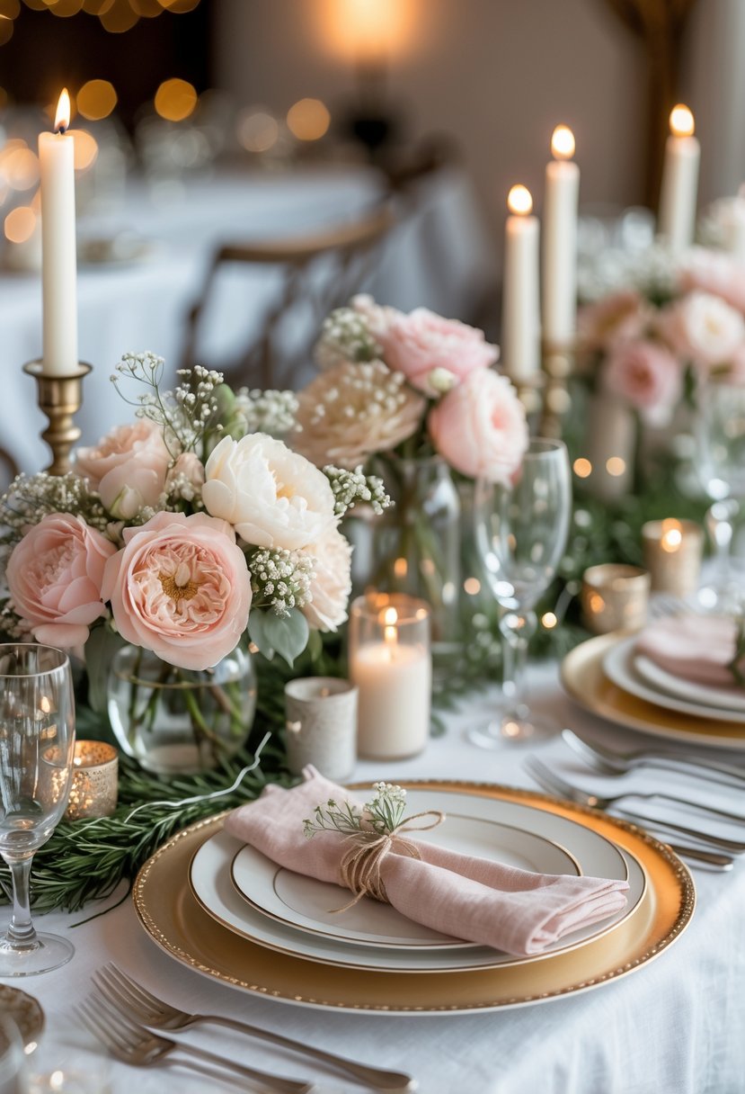 A wedding table decorated with pastel flowers, greenery garlands, candles, and elegant tableware in a softly lit venue.