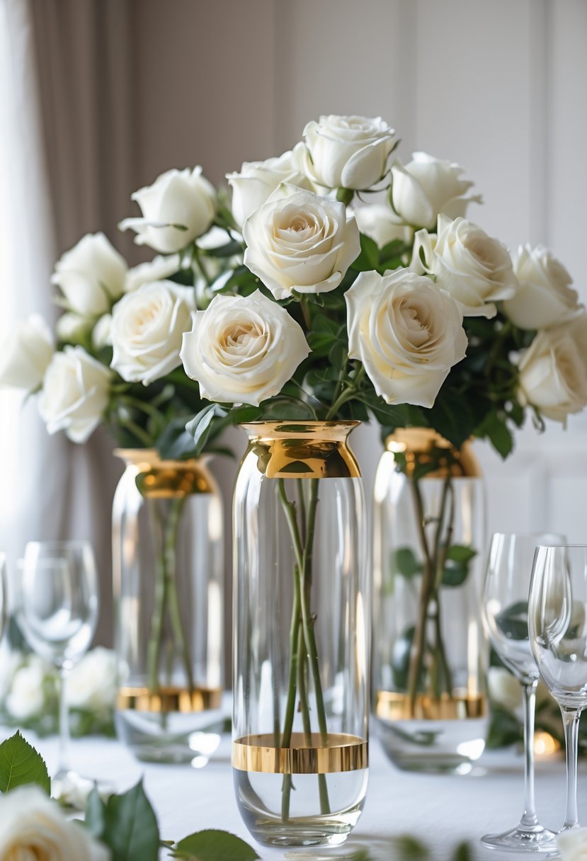 Gold-rimmed glass vases holding white roses arranged on a wedding table.