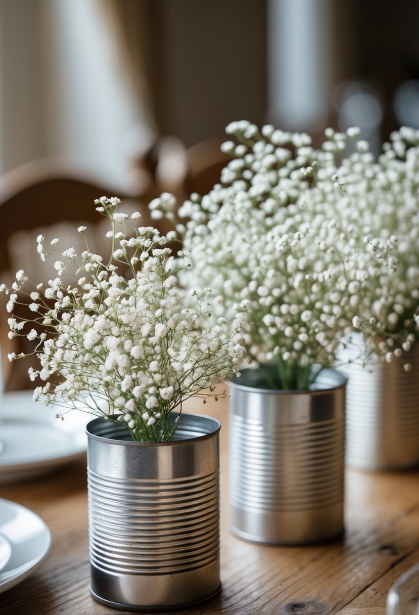 Baby's breath flowers arranged in tin cans on a wooden table as wedding decorations.