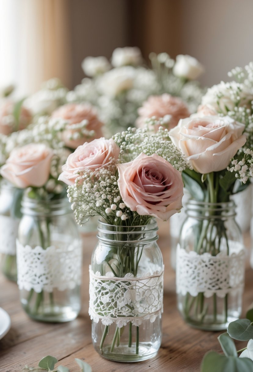 Mason jars wrapped in white lace filled with pastel flowers arranged on a wooden table as wedding decorations.