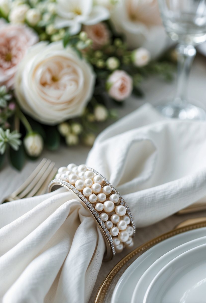 Close-up of pearl-studded napkin rings on folded white napkins at a decorated wedding table with flowers.