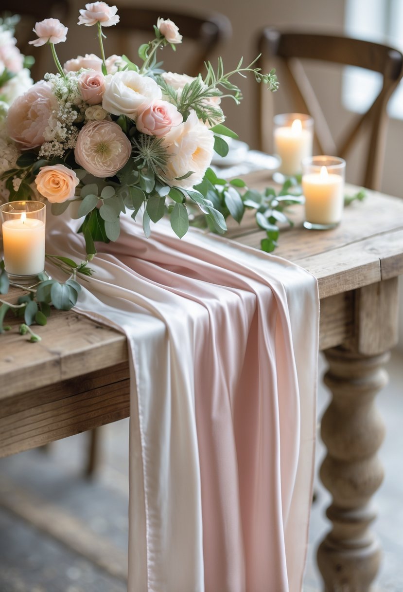 A wedding table with blush and ivory silk runners, floral arrangements, and candles on a wooden surface.