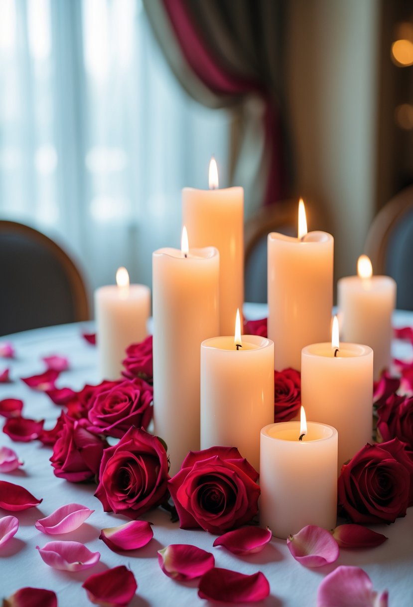Clustered lit pillar candles surrounded by scattered rose petals on a white table.