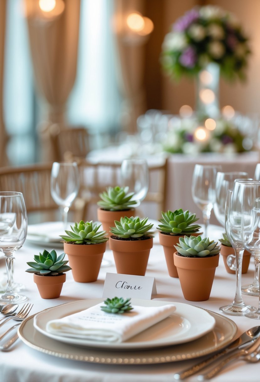 A wedding table set with miniature succulent plants in small pots placed at each seat as decorative place cards.