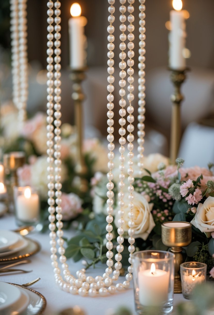 Pearl bead strands draped around wedding table centerpieces with flowers and candles.