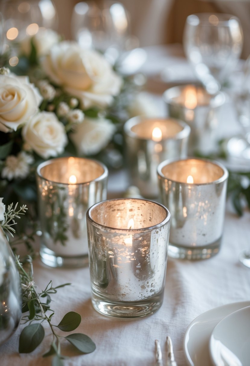 Silver mercury glass votive candle holders arranged on a wedding table with flowers and soft candlelight.