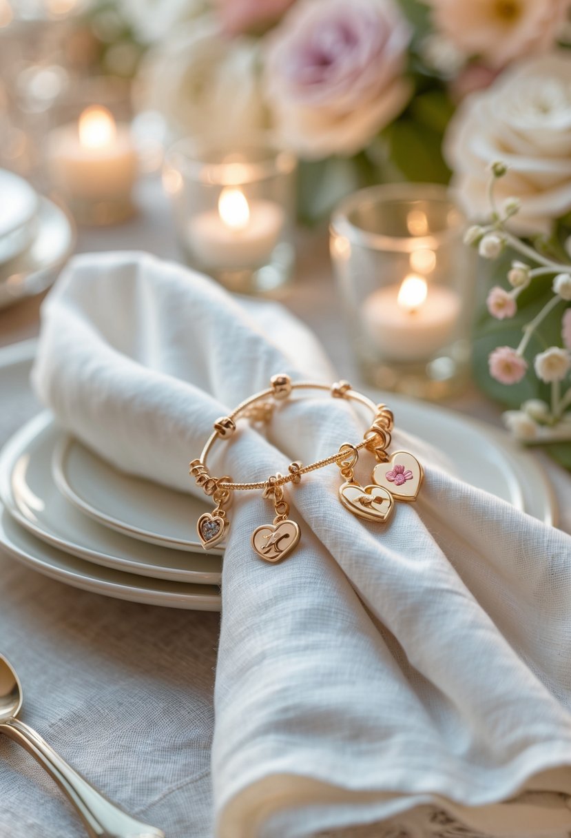 Close-up of a wedding table setting with white napkins held by charm bracelet napkin rings surrounded by pastel flowers and candles.