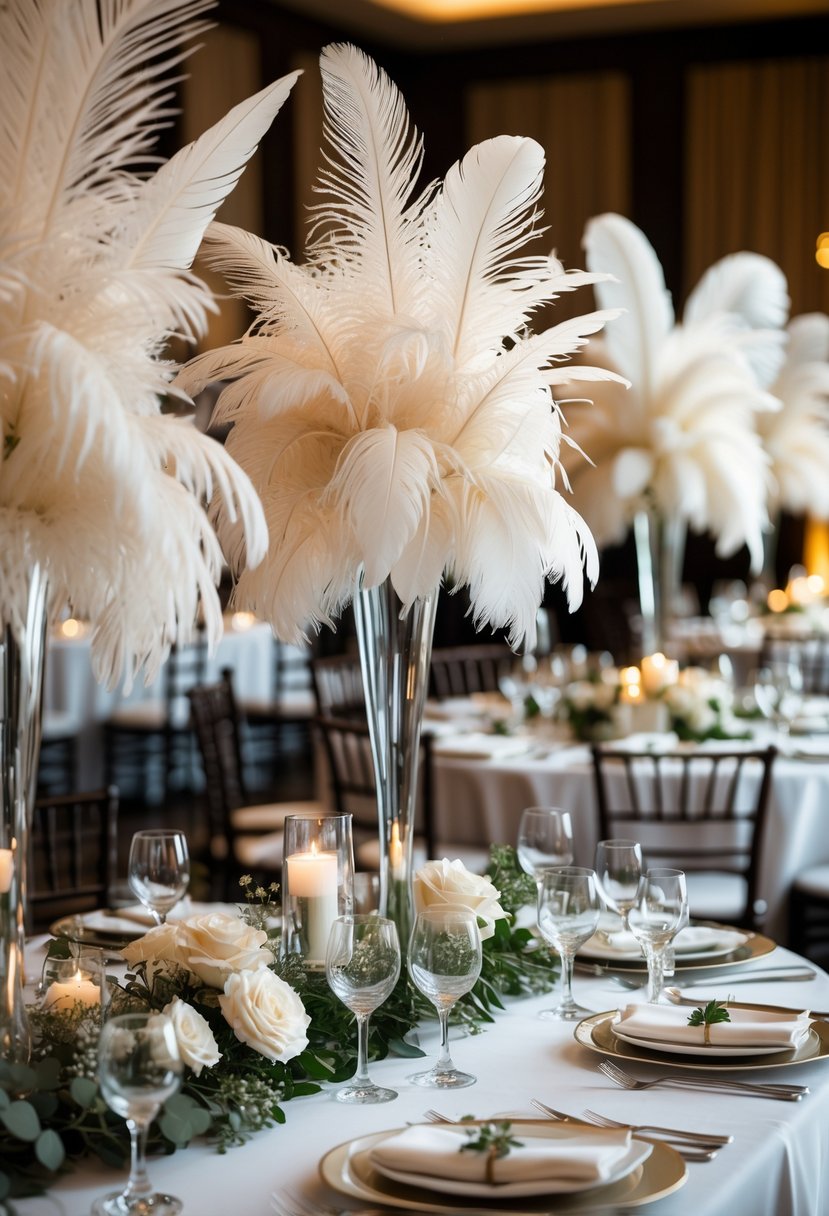 A wedding reception table with tall feather centerpieces and elegant place settings.