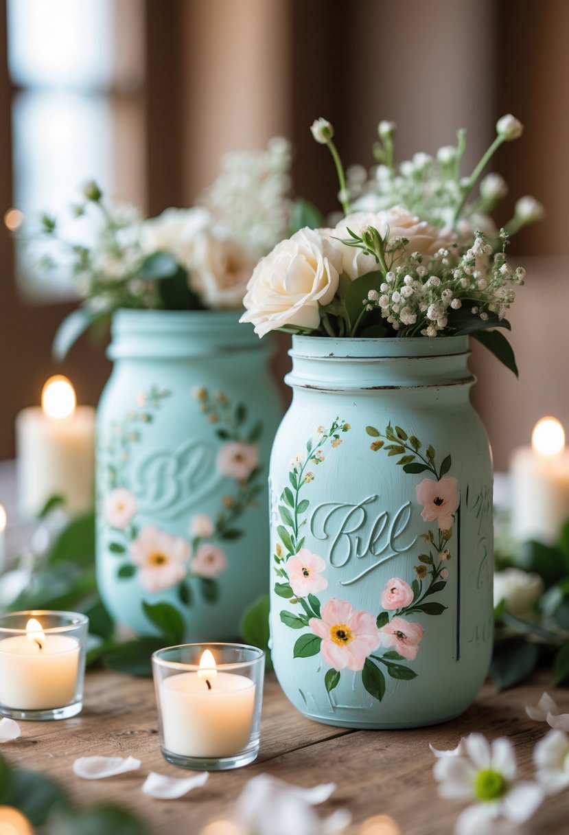 Close-up of hand-painted mason jars with floral designs and couple’s initials on a wooden table, surrounded by candles and flower petals.