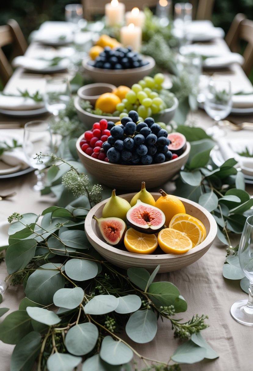 A wedding table decorated with bowls of fresh seasonal fruits and green leaves, creating a natural and romantic setting.
