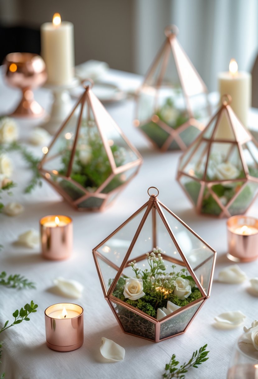 Rose gold geometric terrariums with greenery and flowers arranged on a wedding table with candles and rose petals.