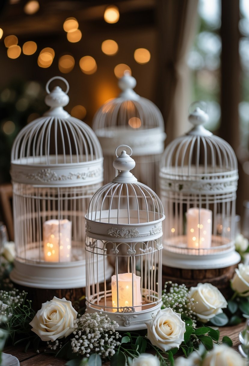 Tabletop birdcages with glowing fairy lights inside surrounded by flowers on a wooden table at a wedding.