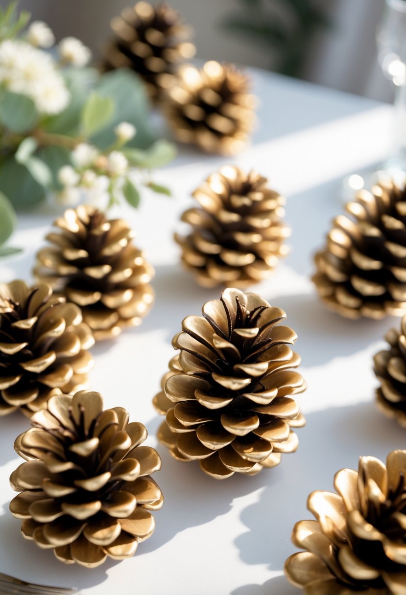 Gold-painted pinecones arranged on a table as wedding decorations.