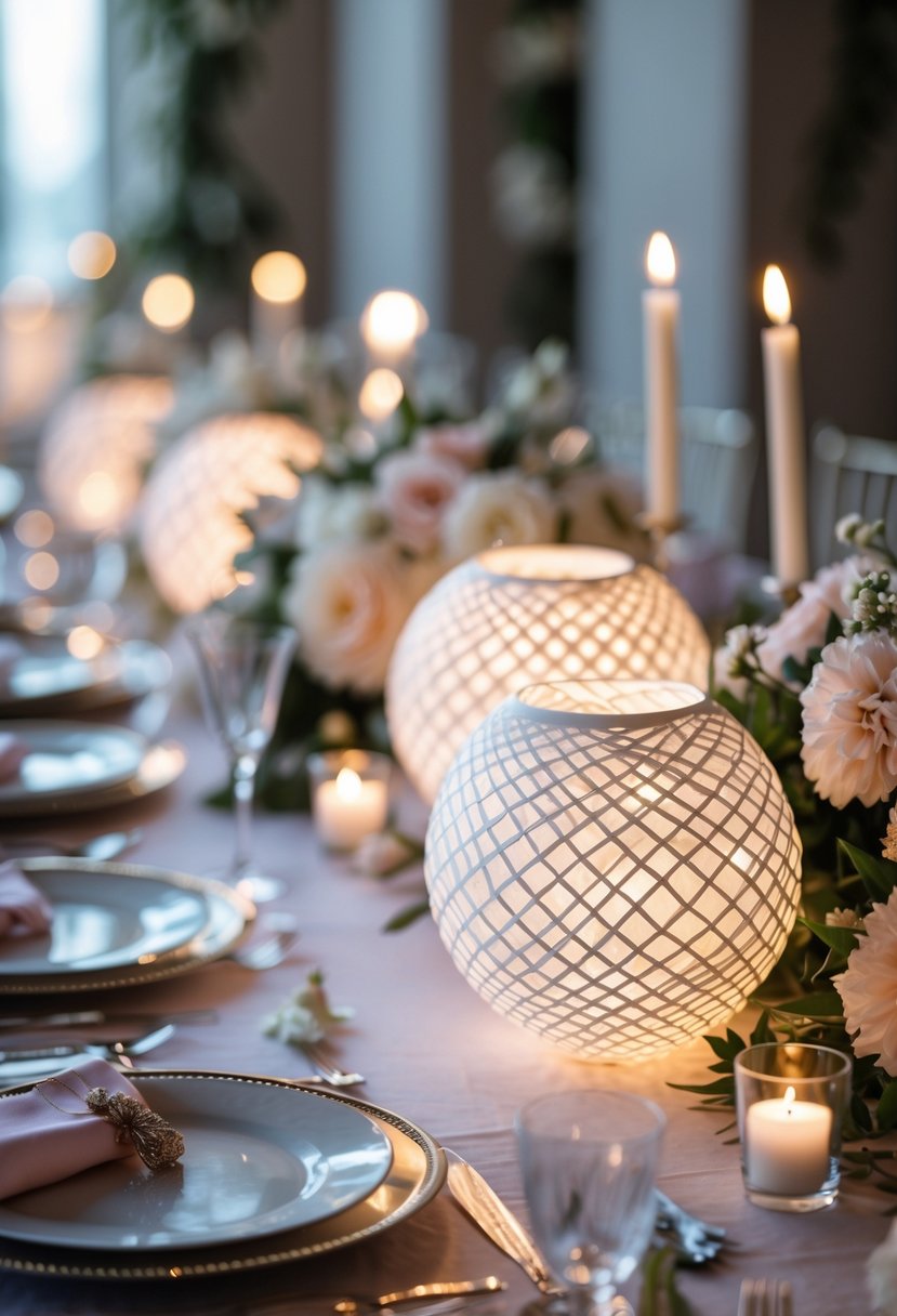 Close-up of white diamond-cut paper lanterns glowing softly on a wedding table decorated with flowers and candles.