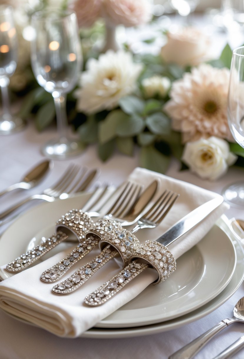 A wedding table setting with cutlery wrapped in sparkling jeweled napkin rings surrounded by flowers and white linens.