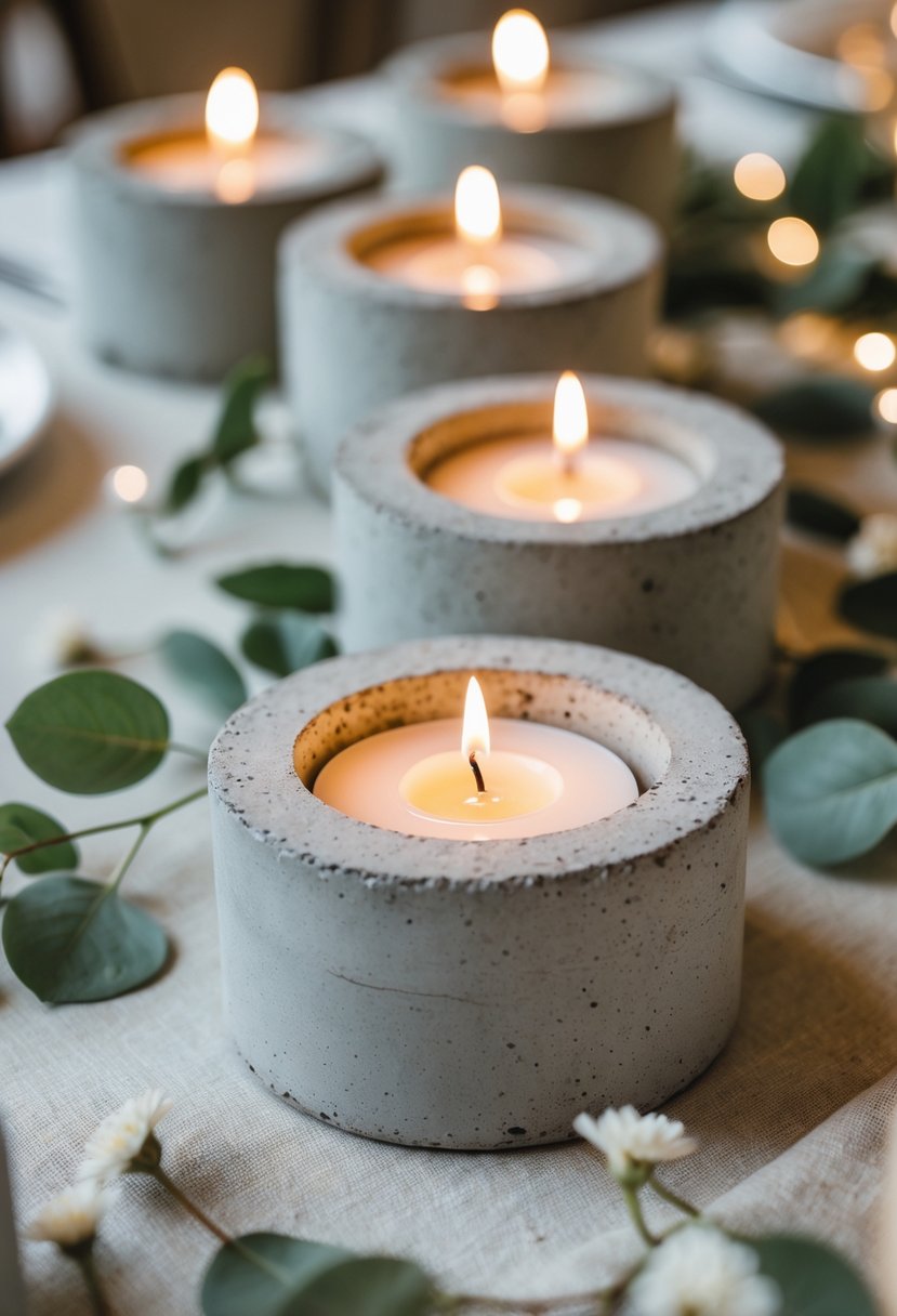 Concrete tealight candle holders with lit candles arranged on a wedding table decorated with greenery and small white flowers.