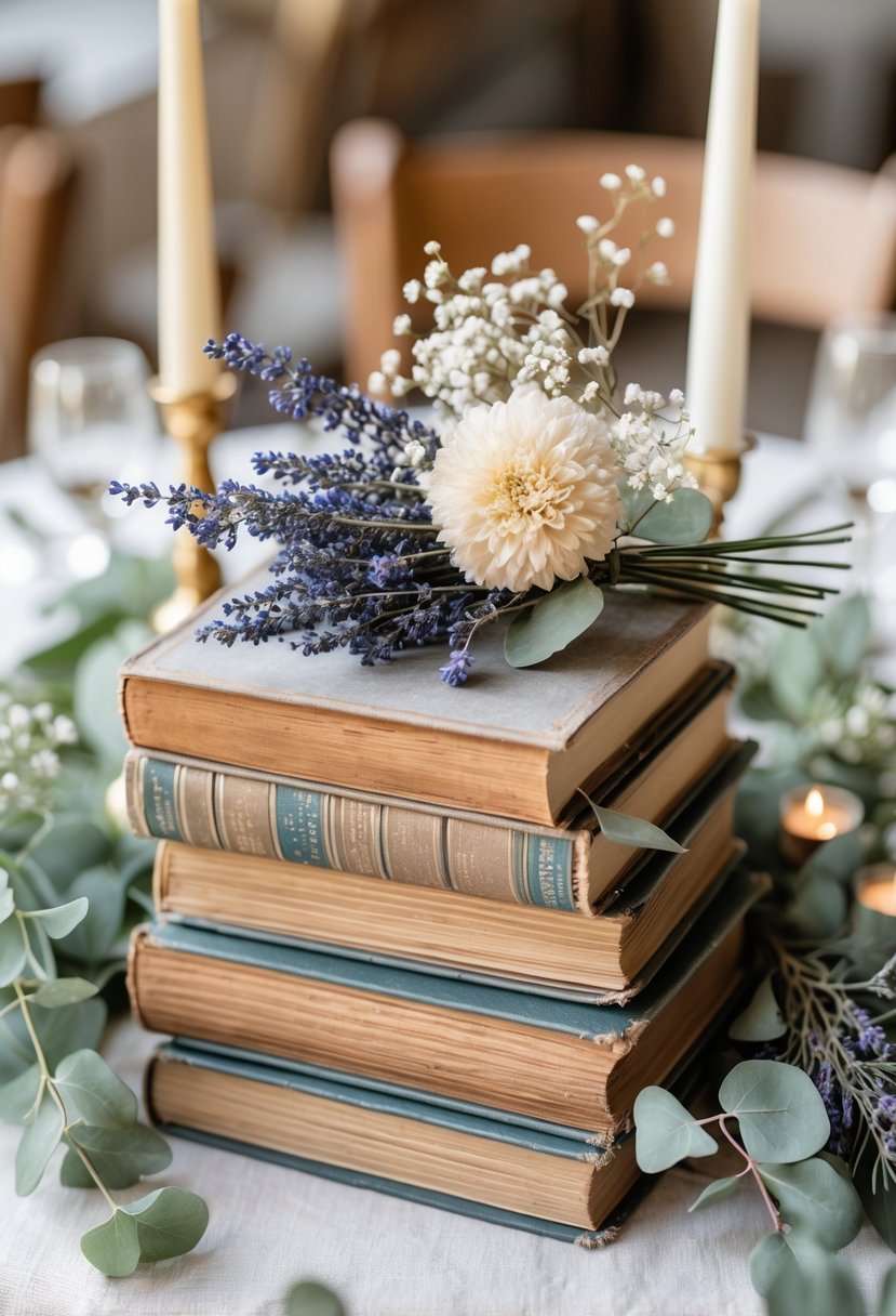 Stack of vintage books decorated with dried flowers on a wedding table.