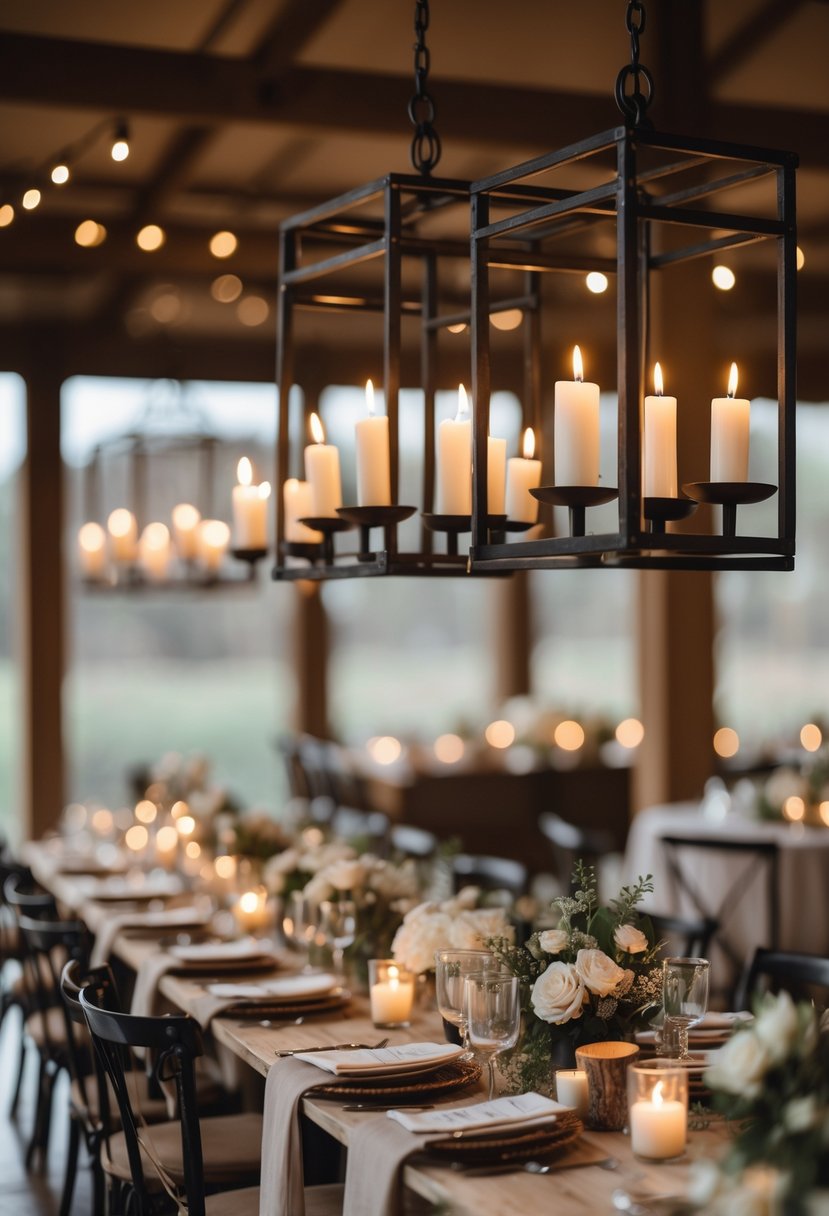 A wedding table decorated with black iron candle chandeliers hanging above, with candles lit and a simple table setting below.