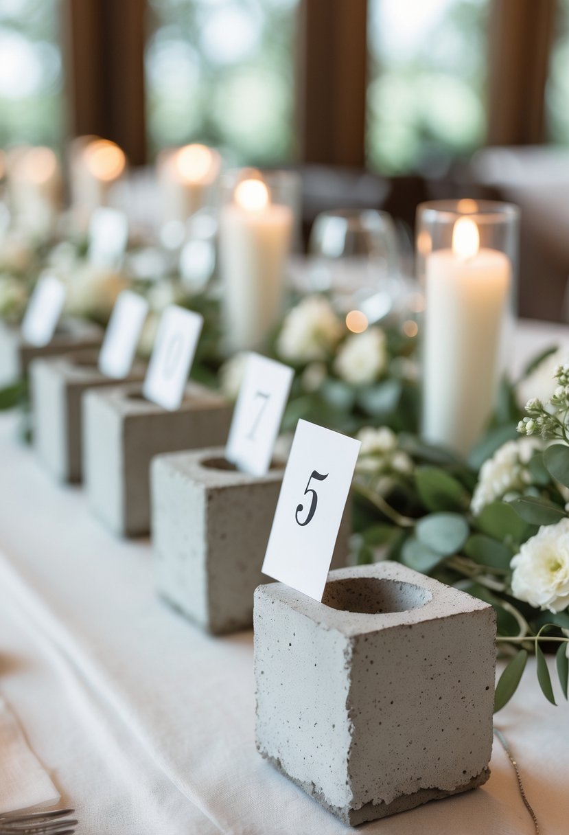 Concrete block photo holders arranged on a wedding table with greenery and small white flowers.