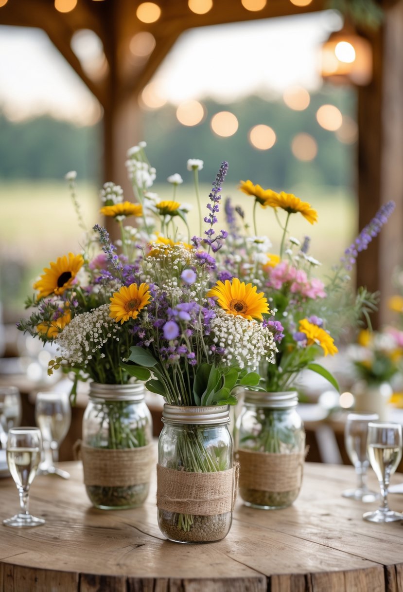 Round wooden wedding tables decorated with mason jars filled with colorful wildflowers as centerpieces.