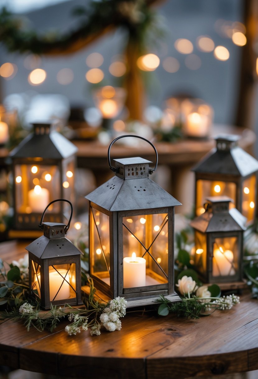 Round wooden wedding table with rustic tin lanterns glowing with fairy lights and decorated with greenery and small white flowers.