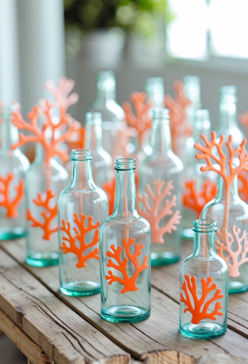 Glass bottles with coral-colored spray-painted designs arranged on a wooden table as coastal wedding decorations.