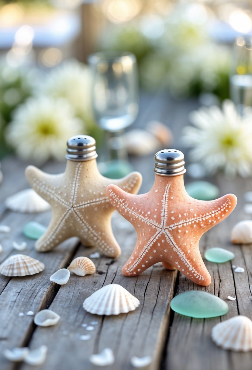 Starfish-shaped salt and pepper shakers on a wooden table surrounded by seashells and small flowers.