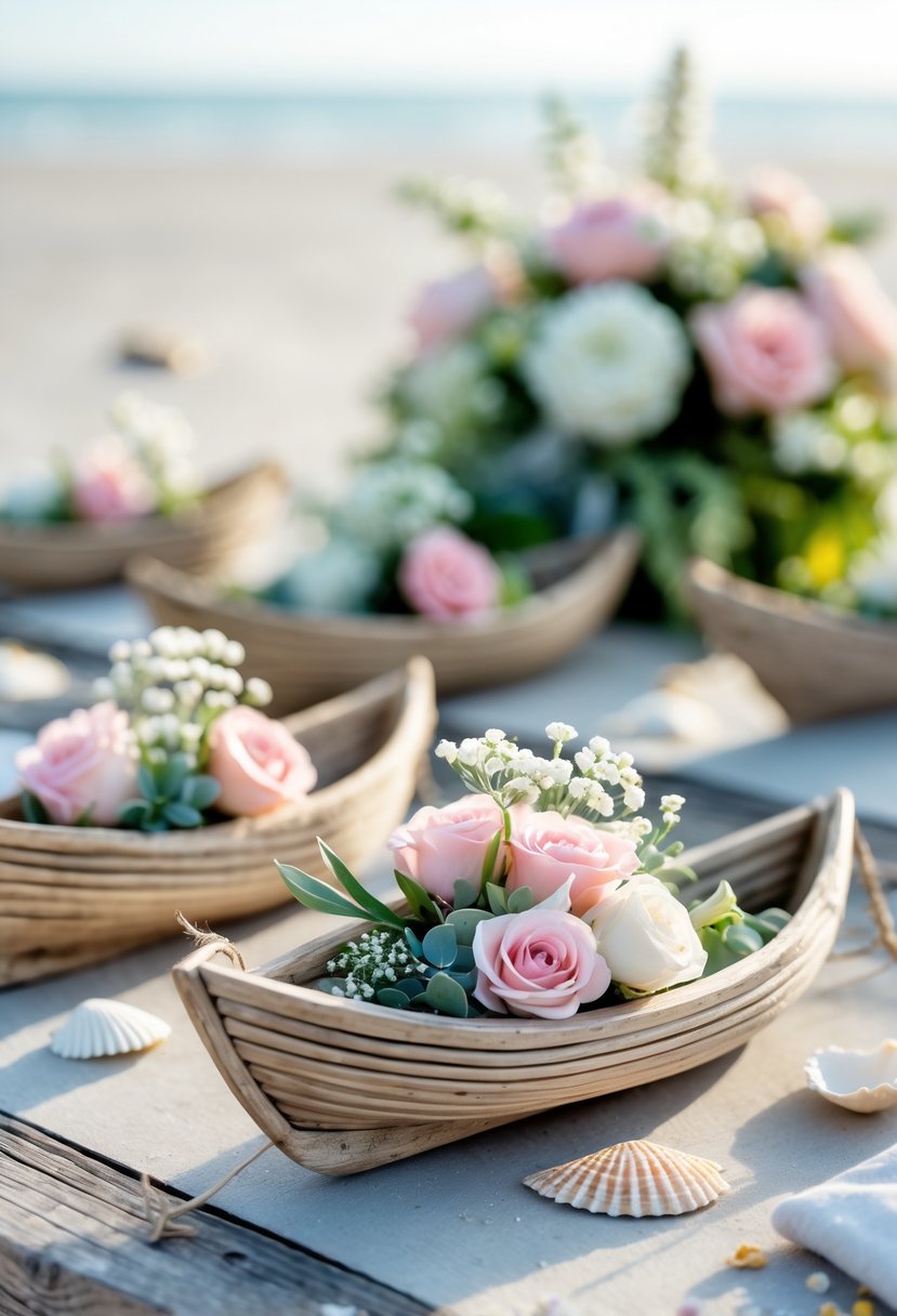 Miniature driftwood boats filled with pastel flowers arranged on a rustic wooden table with seashells and coral, creating a coastal wedding decoration scene.