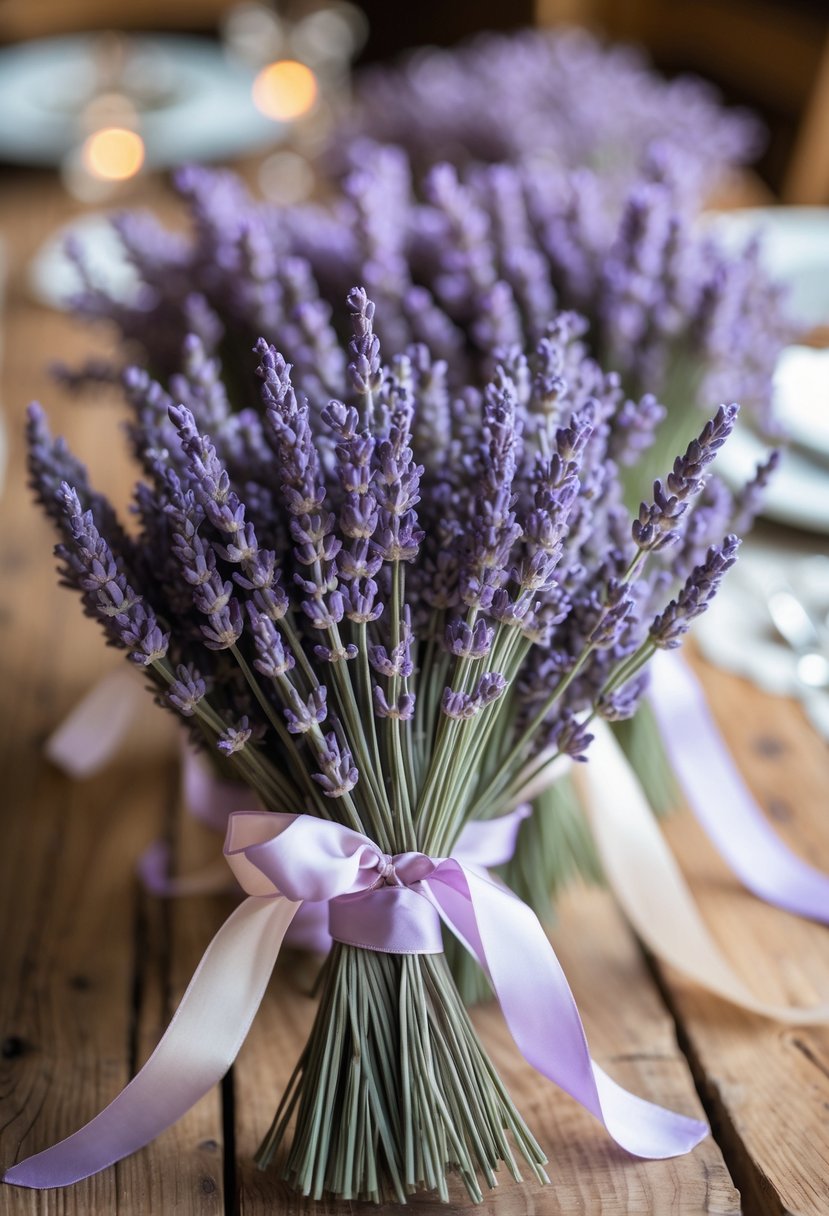 Dried lavender bundles tied with ribbons arranged on a rustic round wooden wedding table.